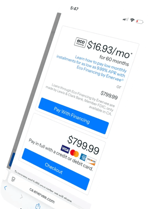 Checkout showing monthly payment offer for an efficiency upgrade.