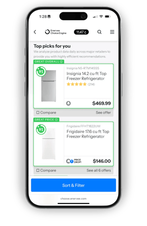 Choice Engine ranking efficient products from multiple retailers on a Utility Marketplace screen.