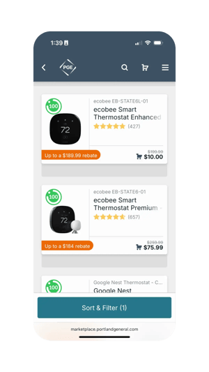 Portland General Electric marketplace screenshot with rebates and demand response enrollment.